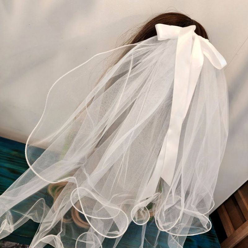 셀프웨딩 더블 베일 왕리본 면사포 이미지