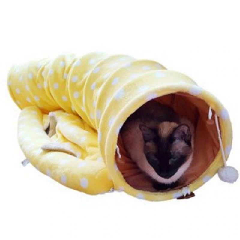고양이 터널 방석 땡땡이 숨숨집 하우스 장난감 노랑 이미지
