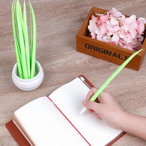 귀여운 만화 실리콘 꽃 펜 + 녹색 잔디 블레이드 볼펜 이미지